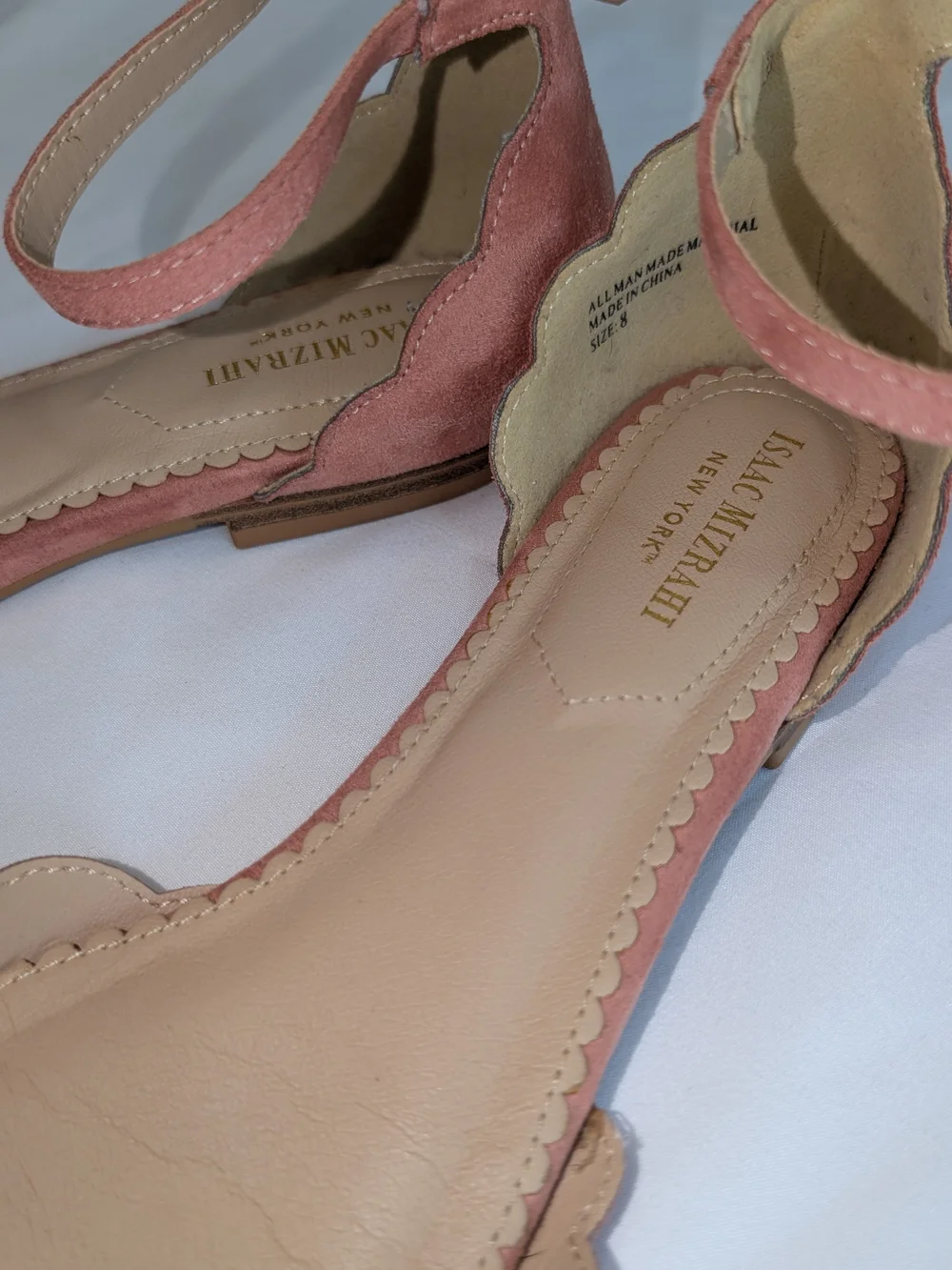 Isaac Mizrahi Dusty Pink Scalloped Suede Ankle-Strap Flats